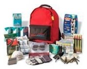Red backpack with contents of an emergency kit