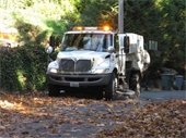 Street sweeper sweeping leaves from the roadway.