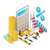 Calculator, coins, construction tools