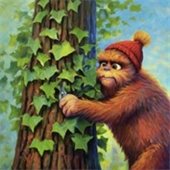 Cartoon of sasquatch hugging a tree