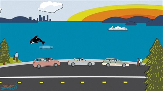 Digital graphic of a Puget Sound landscape with water, orca whale, ferry boat and sunset sightseers