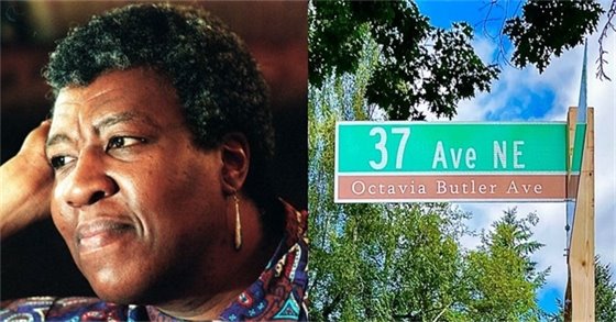 Photo of Octavia Butler and photo of the street sign for Octavia Butler Avenue