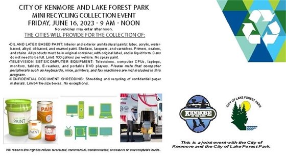 Page 2 of flyer for cities of Kenmore and Lake Forest Park mini recycling collection event
