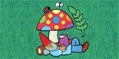 Graphic art gnome lounging by mushroom reading a book