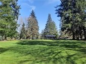 Grassy park with picnic shelter in background and trees casting shadows