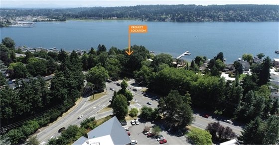Aerial view of lake front park location on Lake Washington