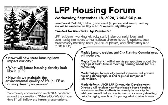 LFP Housing Forum flyer - Wednesday September 18 at 7pm at Lake Forest Park City Hall